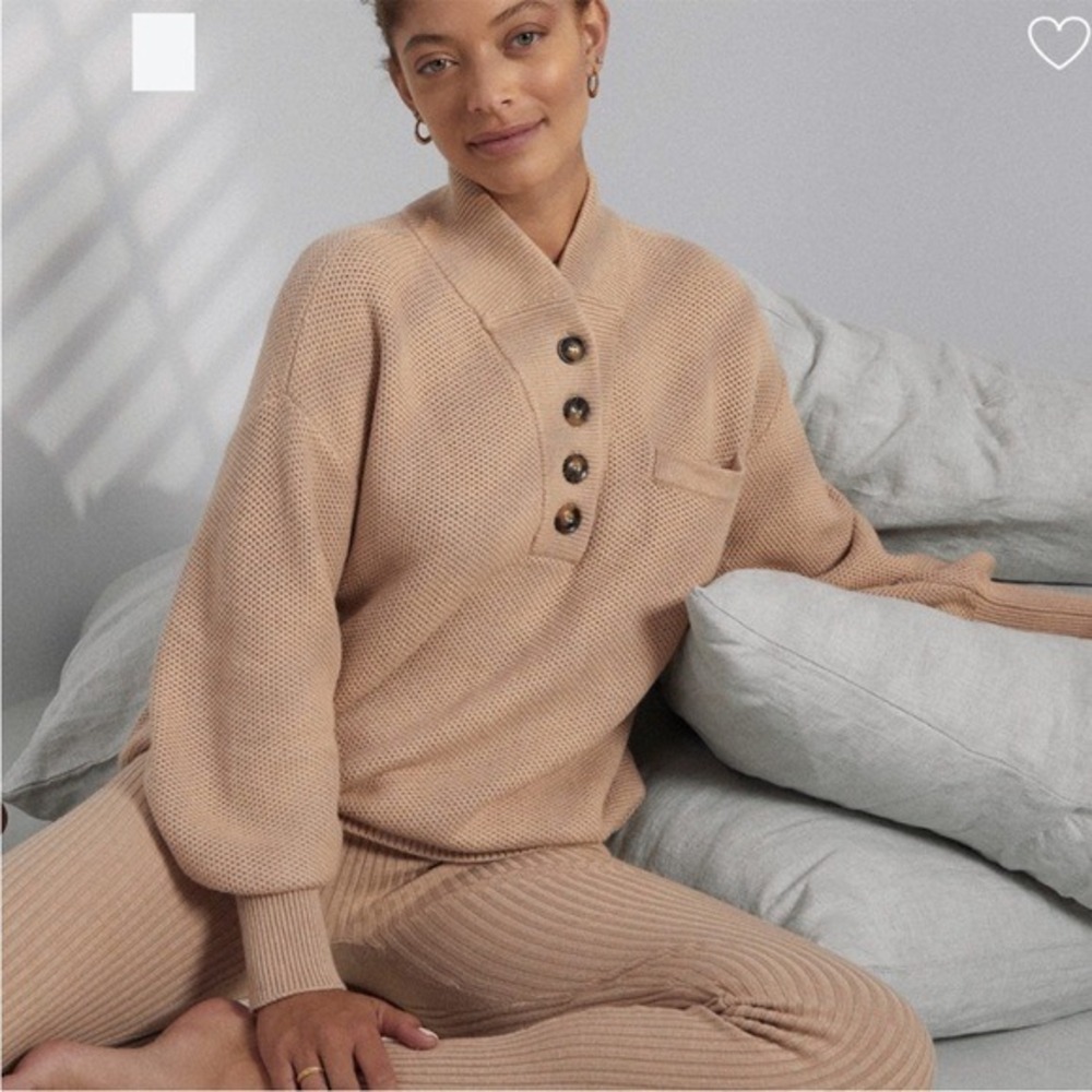 LUNYA Cozy Cotton‎ Silk Henley Sweater Womens L/XL Tan Oversized Knit Loungewear